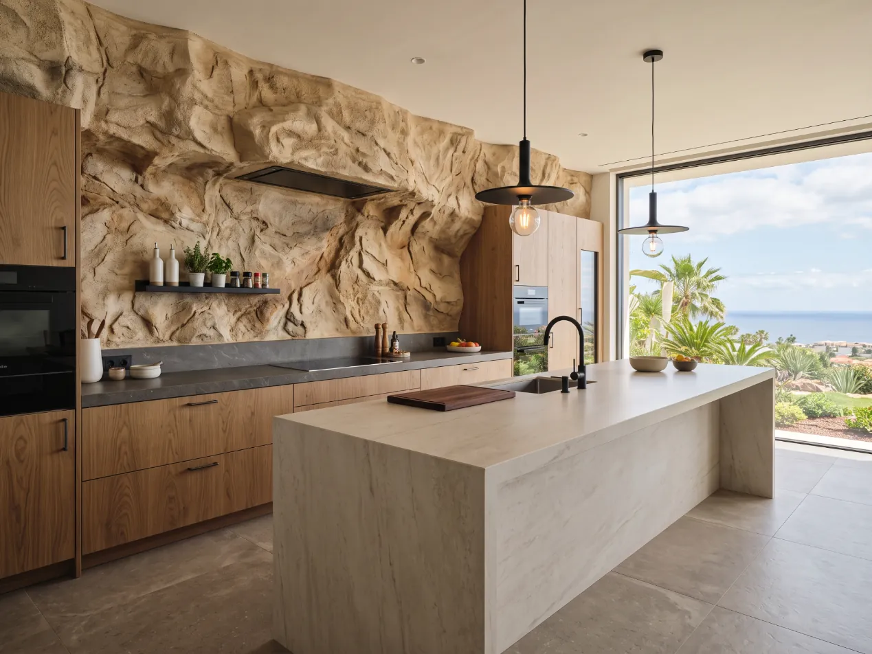 Cocina con pared de roca esculpida tras la encimera, mobiliario de roble e isla de piedra, imagen generada con IA