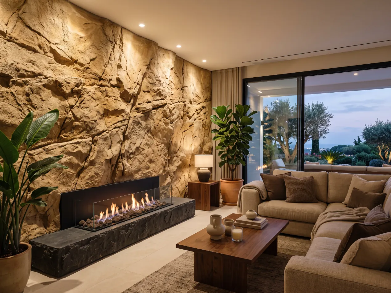 Salón con pared de roca esculpida, chimenea lineal integrada y sofá de lino, imagen generada con IA